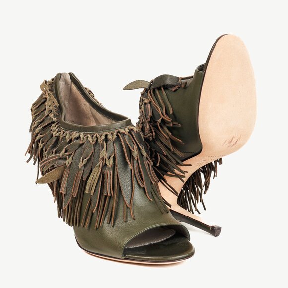 Sergio Rossi Green Leather Fringe Peep-Toe Bootie - Picture 4 of 11